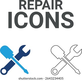 Ícones de reparação, Ícones de arte de linha contendo correção, casa, reparação de carro, manutenção, caixa de ferramentas e ícones de serviço de reparador. Coleção de ícones do Solid. Ilustração vetorial.