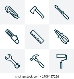 Repair icons line style set with roller brush, hammer, wrench and other clamp elements. Isolated vector illustration repair icons.