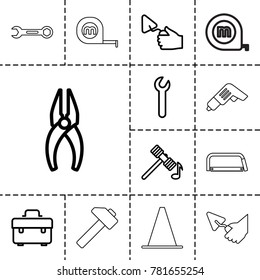 Repair icons. set of 13 editable outline repair icons such as hammer, toolbox, nippers, trowel, wrench, measure tape, cone, drill, hummer, hacksaw