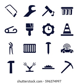 repair icons set. Set of 16 repair filled icons such as police car, pin, hammer, nail, cone, hacksaw, pliers, paint brush, camera wheel, wrench, watering system, filter