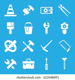 Repair icons set. set of 16 repair filled icons such as toolbox, screw, cone, wrench, screwdriver, hummer and wrench, hacksaw, pliers, hummer, paint bucket, paint brush