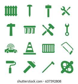 Repair icons set. set of 16 repair filled icons such as police car, nail, wrench, cone, hummer, hacksaw, wrench and screwdriver, garden hammer, paint roller, filter, radiator