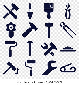 Repair icons set. set of 16 repair filled icons such as pin, hammer, nail, hummer, hummer and wrench, roller, pliers, paint brush, trowel, garden hammer, camera wheel, wrench