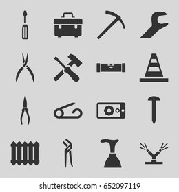 Repair icons set. set of 16 repair filled icons such as level ruler, pin, plunger, nail, toolbox, cone, screwdriver, pliers, wrench, gear on display, watering system, radiator