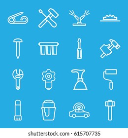 Repair icons set. set of 16 repair outline icons such as police car, pin, plunger, nail, wrench, screwdriver, roller, hummer, paint bucket, garden hammer, glue pen