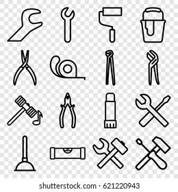 Repair icons set. set of 16 repair outline icons such as level ruler, hammer, plunger, roller, pliers, tape, wrench and screwdriver, paint bucket, glue pen, wrench