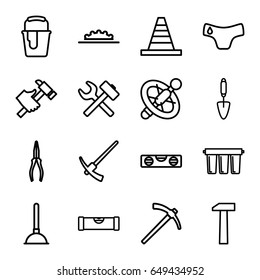 Repair icons set. set of 16 repair outline icons such as level ruler, children panties, plunger, cone, pliers, hummer, paint bucket, trowel, camera wheel, filter, hammer