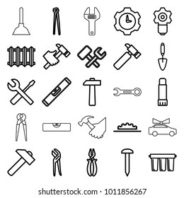 Repair icons. set of 25 editable outline repair icons such as nail, hummer, pliers, wrench and screwdriver, trowel, gear keyhole, glue pen, camera wheel, filter, radiator