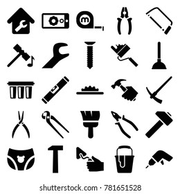 Repair icons. set of 25 editable filled repair icons such as hammer, plunger, drill, hacksaw, pliers, trowel, paint bucket, camera wheel, wrench, gear on display, home repair