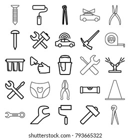 Repair icons. set of 25 editable outline repair icons such as police car, level ruler, nail, hummer, roller, pliers, trowel, wrench and screwdriver, paint bucket