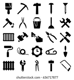 Repair icons set. set of 25 repair filled icons such as pin, hammer, plunger, nail, screw, wrench, hacksaw, pliers, trowel, tape, hummer, paint bucket, paint brush