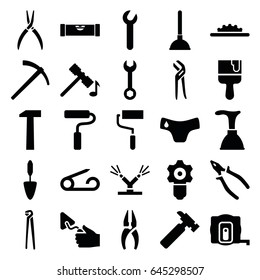 Repair icons set. set of 25 repair filled icons such as measure tape, level ruler, pin, children panties, hammer, plunger, wrench, nippers, hummer, roller, pliers, trowel