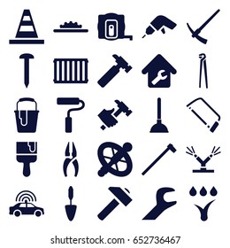 Repair icons set. set of 25 repair filled icons such as police car, measure tape, plunger, nail, nippers, cone, hummer, drill, hacksaw, pliers, paint bucket, paint brush