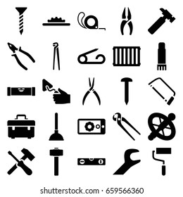 Repair icons set. set of 25 repair filled icons such as level ruler, pin, plunger, nail, toolbox, screw, nippers, hummer, roller, hacksaw, pliers, trowel, tape, garden hammer