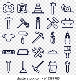 Repair icons set. set of 25 repair outline icons such as measure tape, children panties, hammer, plunger, nail, toolbox, cone, hummer and wrench, level ruler, hacksaw, pliers