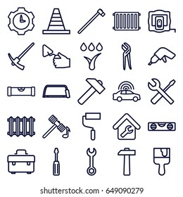 Repair icons set. set of 25 repair outline icons such as police car, measure tape, level ruler, hammer, toolbox, wrench, cone, screwdriver, drill, hummer, roller, hacksaw