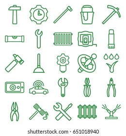 Repair icons set. set of 25 repair outline icons such as police car, measure tape, level ruler, hammer, plunger, nippers, wrench, hummer, pliers, wrench and screwdriver