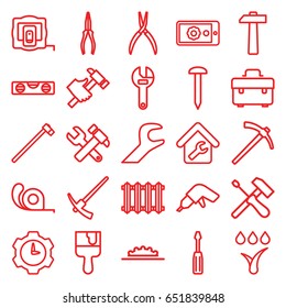 Repair icons set. set of 25 repair outline icons such as measure tape, nail, toolbox, wrench, screwdriver, drill, hummer and wrench, level ruler, pliers, tape, hummer