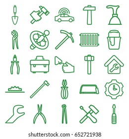 Repair icons set. set of 25 repair outline icons such as police car, plunger, toolbox, screwdriver, hacksaw, pliers, trowel, hummer, paint bucket, garden hammer, camera wheel