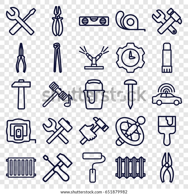 Repair icons set. set of 25\
repair outline icons such as police car, measure tape, hammer,\
nail, nippers, hummer and wrench, level ruler, pliers, tape,\
hummer