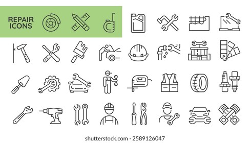 Repair icons. Set of 30 trendy minimal icons including wrench, screwdriver, tape measure, and more. Design signs for web page, mobile app, packaging design. Vector illustration.