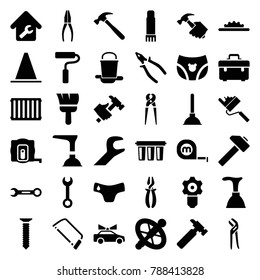 Repair icons. set of 36 editable filled repair icons such as measure tape, children panties, plunger, toolbox, wrench, hummer, hacksaw, pliers, gear keyhole, wheel, glue pen