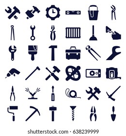 Repair icons set. set of 36 repair filled icons such as measure tape, plunger, toolbox, screw, wrench, nippers, screwdriver, drill, hummer and wrench, roller, level ruler