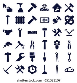 Repair icons set. set of 36 repair filled icons such as police car, level ruler, pin, children panties, hammer, plunger, nail, wrench, nippers, hummer, drill