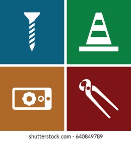 Repair icons set. set of 4 repair filled icons such as screw, cone, pliers