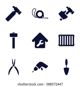 repair icons set. Set of 9 repair filled icons such as hummer, drill, pliers, tape, trowel, garden hammer, home repair