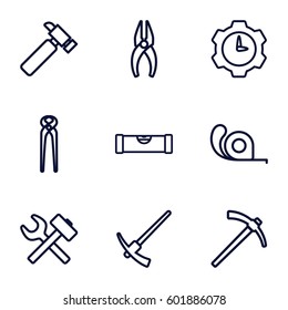 repair icons set. Set of 9 repair outline icons such as level ruler, nippers, hummer, pliers, tape, hammer, gear clock