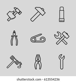 Repair icons set. set of 9 repair outline icons such as pin, hammer, nippers, hummer, pliers, glue pen, wrench