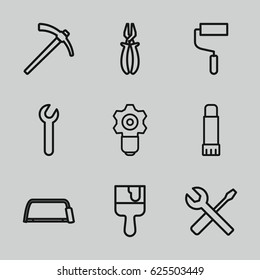 Repair icons set. set of 9 repair outline icons such as roller, hacksaw, pliers, wrench and screwdriver, paint brush, glue pen, hammer, wrench