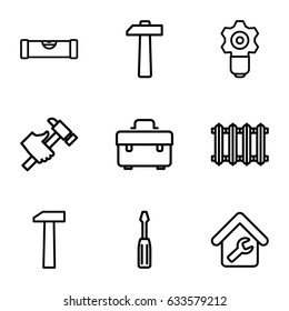 Repair icons set. set of 9 repair outline icons such as level ruler, toolbox, screwdriver, hummer, home repair, radiator, hammer