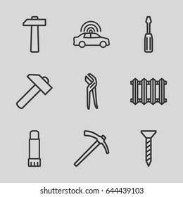 Repair icons set. set of 9 repair outline icons such as police car, screw, screwdriver, hummer, pliers, glue pen, radiator