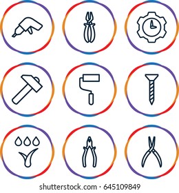 Repair icons set. set of 9 repair outline icons such as screw, drill, hummer, roller, pliers, watering system