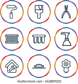 Repair icons set. set of 9 repair outline icons such as plunger, pliers, paint brush, camera wheel, home repair, paint roller, filter, radiator