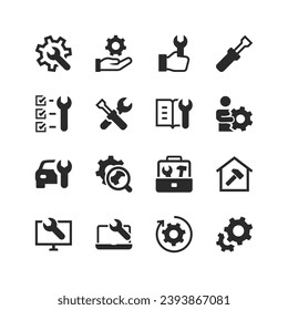 Repair icons set. Building, appliance and vehicle repair. Tools, wrench, screwdriver. Black and white style