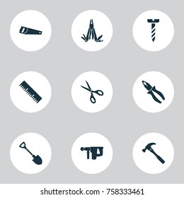 Repair Icons Set With Clamp, Multifunctional Pocket, Hammer And Other Clamp Elements. Isolated Vector Illustration Repair Icons.