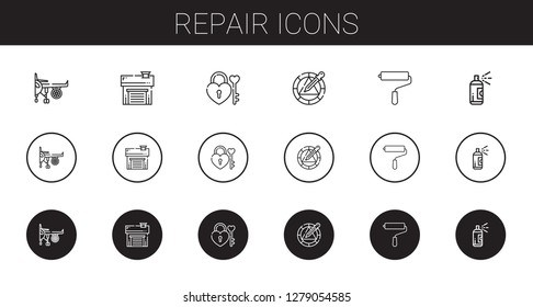 repair icons set. Collection of repair with engine, garage, padlock, wheel, paint roller, paint. Editable and scalable repair icons.