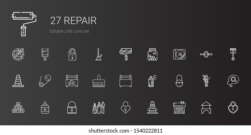 repair icons set. Collection of repair with garage, traffic cone, padlock, tools, glue, bricks, paint, toolbox, paint brush, safety pin, cone. Editable and scalable repair icons.