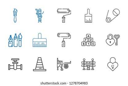 repair icons set. Collection of repair with padlock, traffic barrier, engine, cone, pipe, bricks, paint roller, paint brush, tools, safety pin. Editable and scalable repair icons.