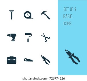 Repair Icons Set. Collection Of Shears, Bolt, Toolkit And Other Elements. Also Includes Symbols Such As Roller, Saw, Pliers.