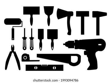 Repair icons set. Construction tools, hammers and screwdrivers. Black color. Vector illustration