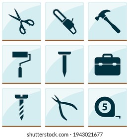 Repair icons set with hammer, scissors, nail and other paint elements. Isolated vector illustration repair icons.