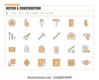 Repair icons set. Line signs of interior design, accessories and supplies. Simple vector icon collection. 