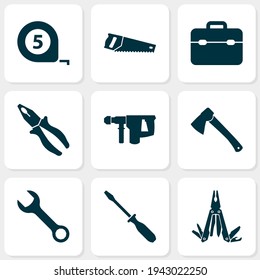 Repair icons set with multi tool, pliers, toolbox and other hammer elements. Isolated vector illustration repair icons.