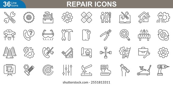 Conjunto de iconos de reparación. Herramientas, mantenimiento, equipos de fijación, hogar, construcción, mecánica, herramientas esenciales y más. Ilustración vectorial.