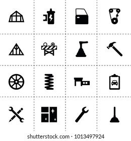 Repair icons. vector collection filled repair icons. includes symbols such as whell, wrench, timing belt, spring, car door, spark coil. use for web, mobile and ui design.