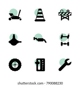 Repair icons. vector collection filled repair icons set.. includes symbols such as wrench, tire, car chassis, spherical bearing, car jack. use for web, mobile and ui design.